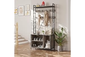 Hall Tree with Bench Coat Rack and Shoe Storage Wooden Entryway Bench Industrial Freestanding Coat Rack with Shoe Rack for Mu