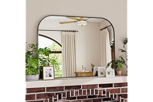 VETROVUE Black Wall Mounted Bathroom Mirror - 38 x 30 Inch Round Cruved Top Right Angle Bottom Wide Wall Mirror, Aluminum Metal Framed, Decor for Living Room, Bedroom, Fireplace, Mantle, Entryway