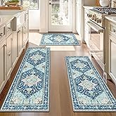 Yamaziot Boho Washable Kitchen Rugs Sets of 3, Non Slip Kitchen Mats for Floor with Rubber Backing, Waterproof & Stain Resistant Thick Carpet Runner Throw Rugs for Kitchen, Laundry Room, Hallway, Blue
