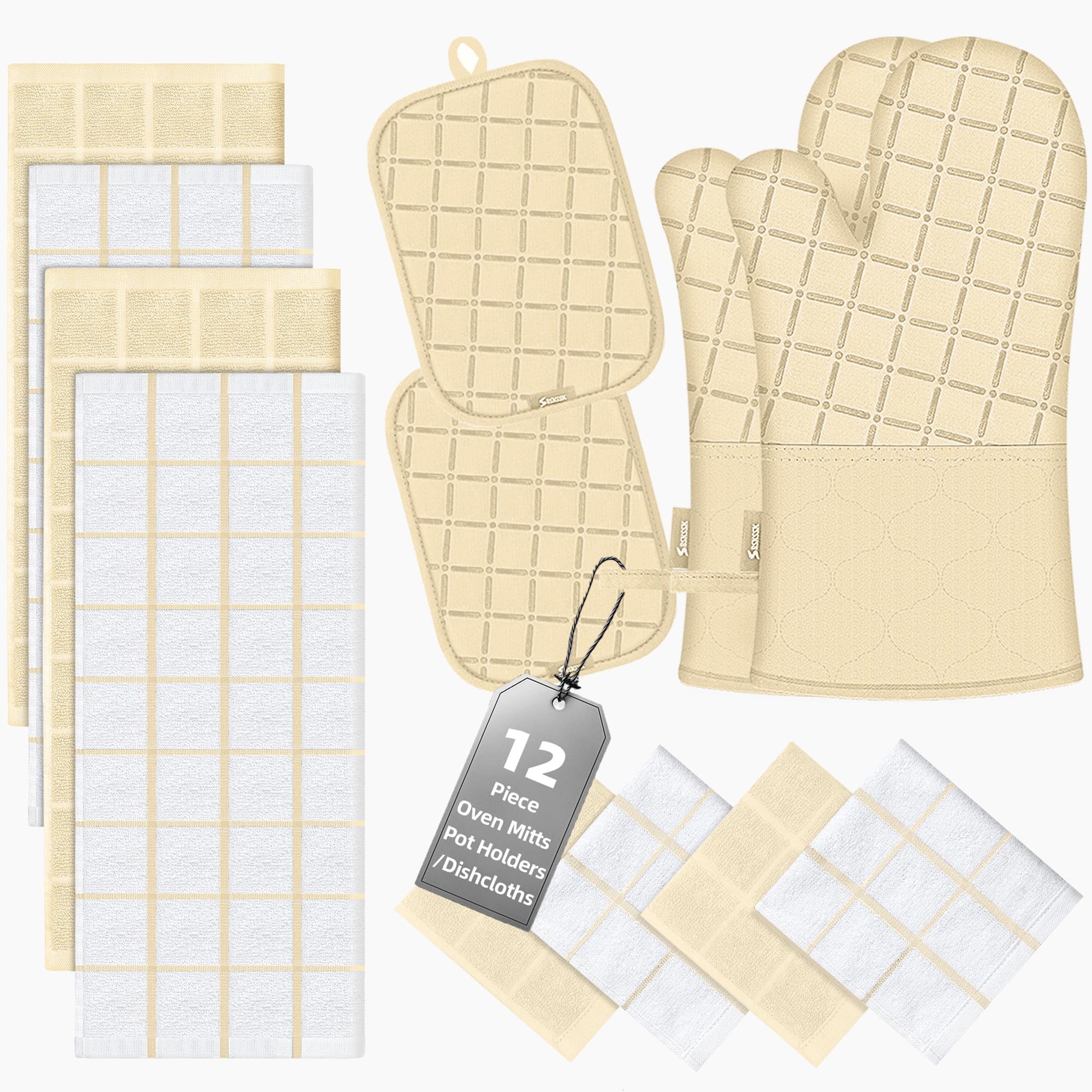 Oven Mitts Pot Holders Sets/Kitchen Towels and Dishcloths, Oven Gloves Kitchen Dish Towels 500 Degree Heat Resistant Potholders with Non-Slip Silicone Surface for Cooking, Grilling, Baking-Beige Image