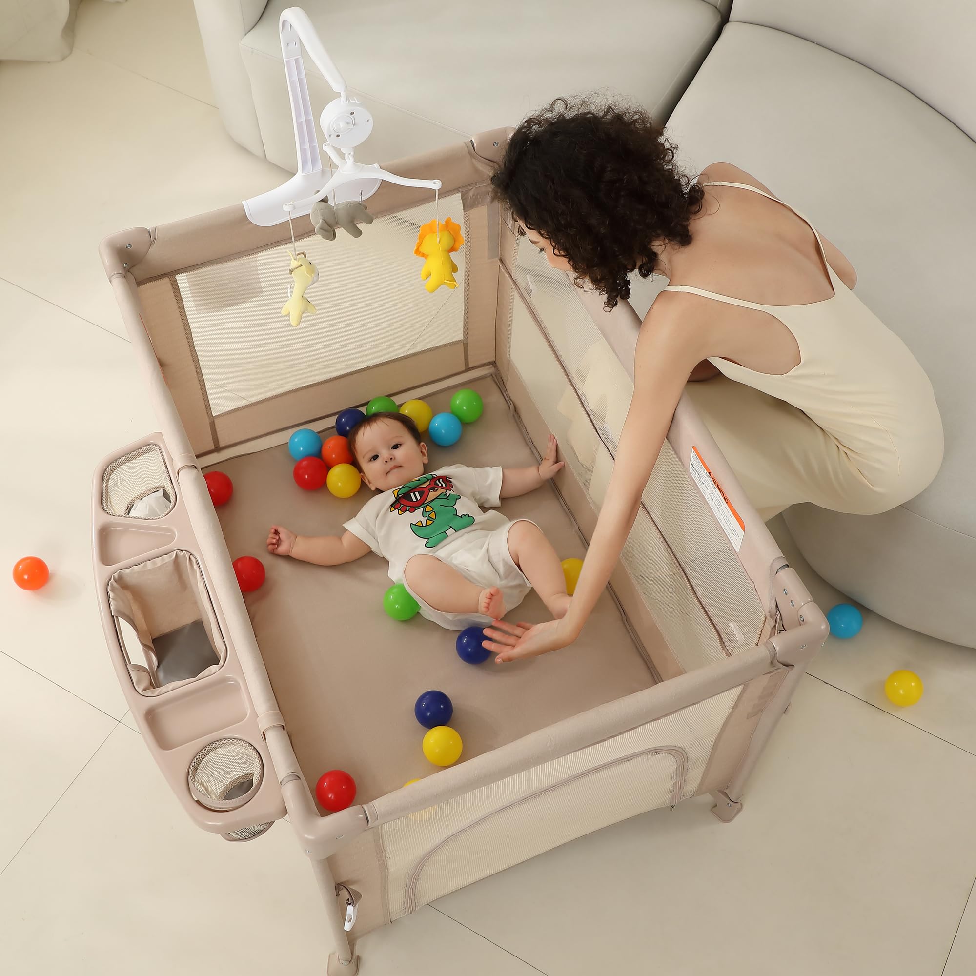 5 in 1 Pack and Play, Baby Bassinet Bedside Sleeper, Baby Playard, Bedside Crib with Changing Table, Foldable Travel Playard for Newborn to Toddles (Beige)