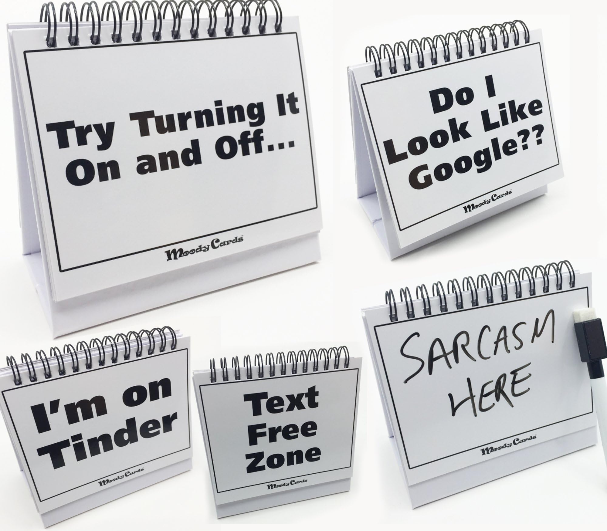 Moodycards - Funny Office Gifts - Over 30 Different Mood and Practical Flip-Over Messages - includes Erasable Pen and blank boards to write your own.