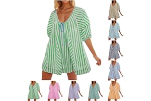 GOHRSHA Womens Casual Striped Puff Short Sleeve Romper Scoop Neck Overall Shorts Oversized Mini Dress Jumper with Pockets