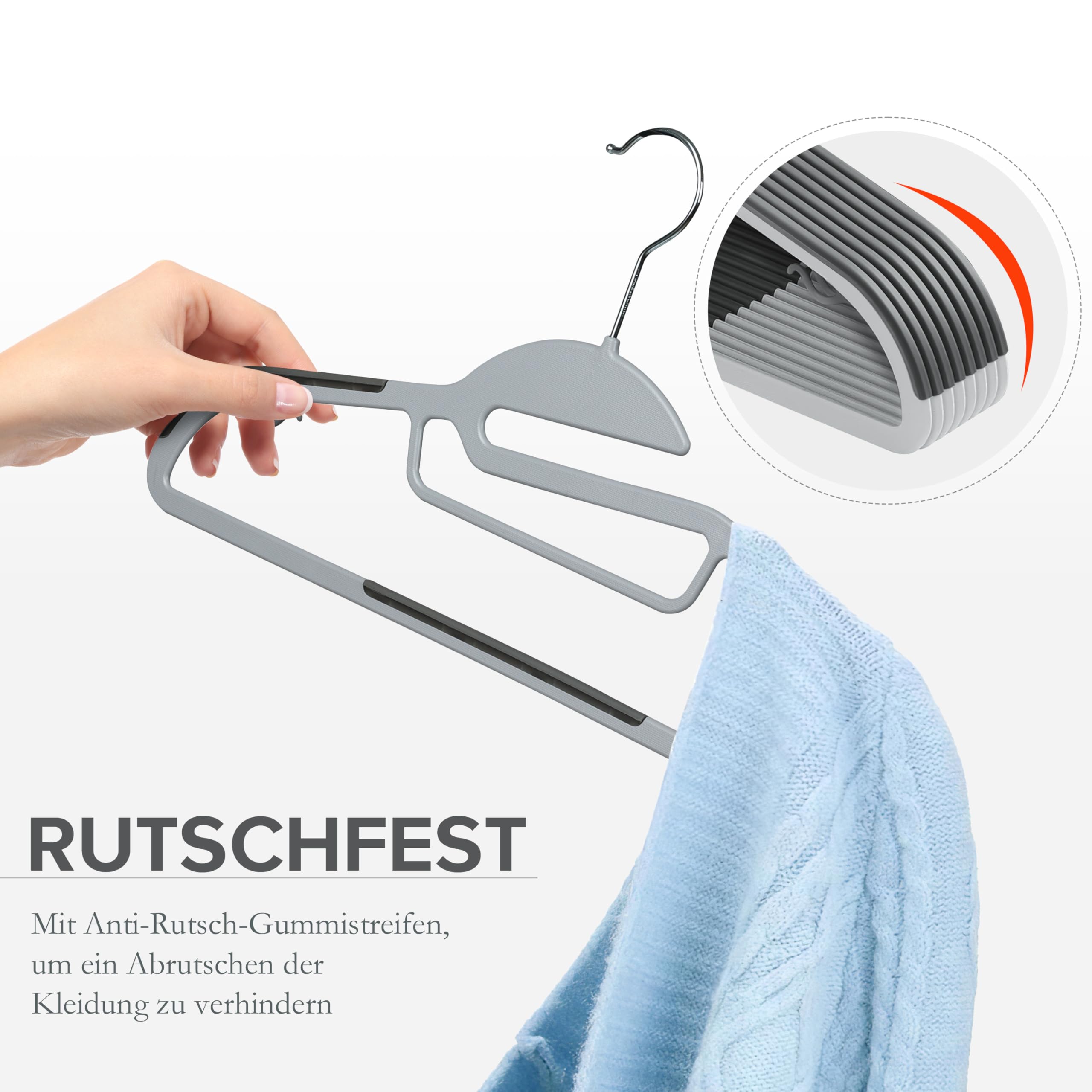 Ribelli Kleiderbügel Kunststoff 20 Stück, Rutschfester Kunststoffbügel, 0,5 cm dick Bügel Platzsparend mit um 360° Drehbarem Haken, Kleiderbügel mit Krawattenhalter für Mäntel, Hosen, Tanktops, 500798 3