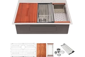 33 Drop in Kitchen Sink, Lofeyo 33x22 Inch Kitchen Sink Workstation Topmount Drop In Stainless Steel 16 Gauge Round Corner Single Bowl Topmount Kitchen Sink Basin and Accessories