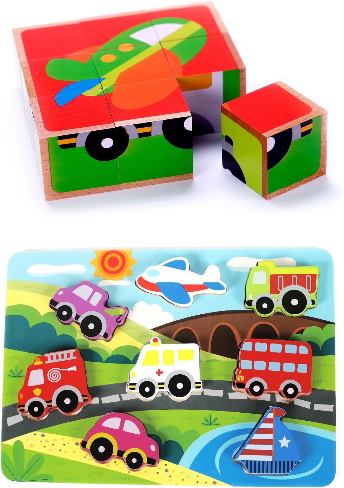 Vehicle Wooden Puzzle Pack of 2 (Cube Block & Chunky Puzzle Bundle) for Toddlers, Preschool Age w/ Colorful Solid Wood Cube Pieces, Fire Truck, Bus & Cars. Simple & Educational for 2, 3, 4 Year Olds