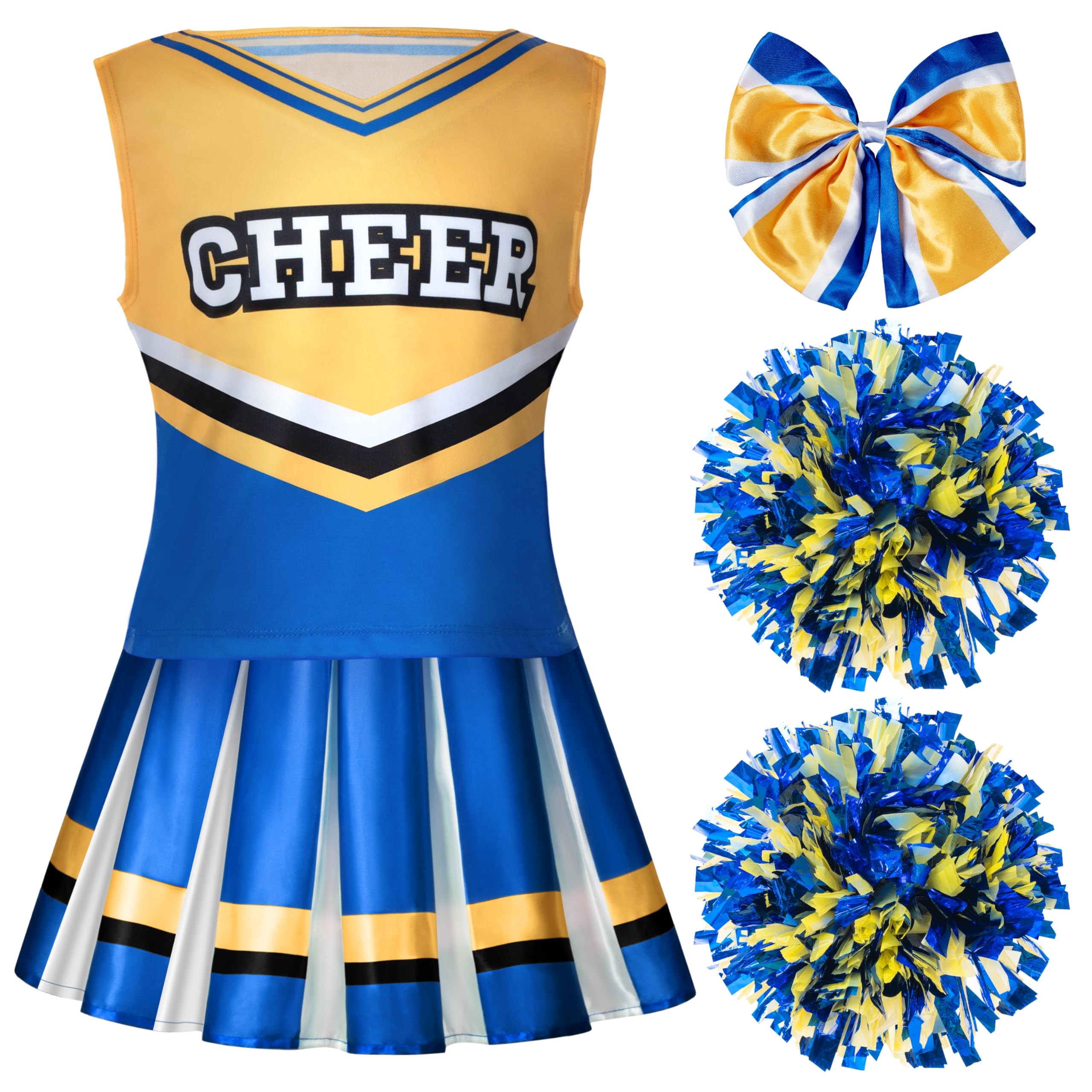 Photo 1 of Spooktacular Creations Girl Blue Cheerleader Costume, Halloween Cute Cheer Uniform Outfit with Accessories for Halloween High School Cheerleader Dress Up Costume-L