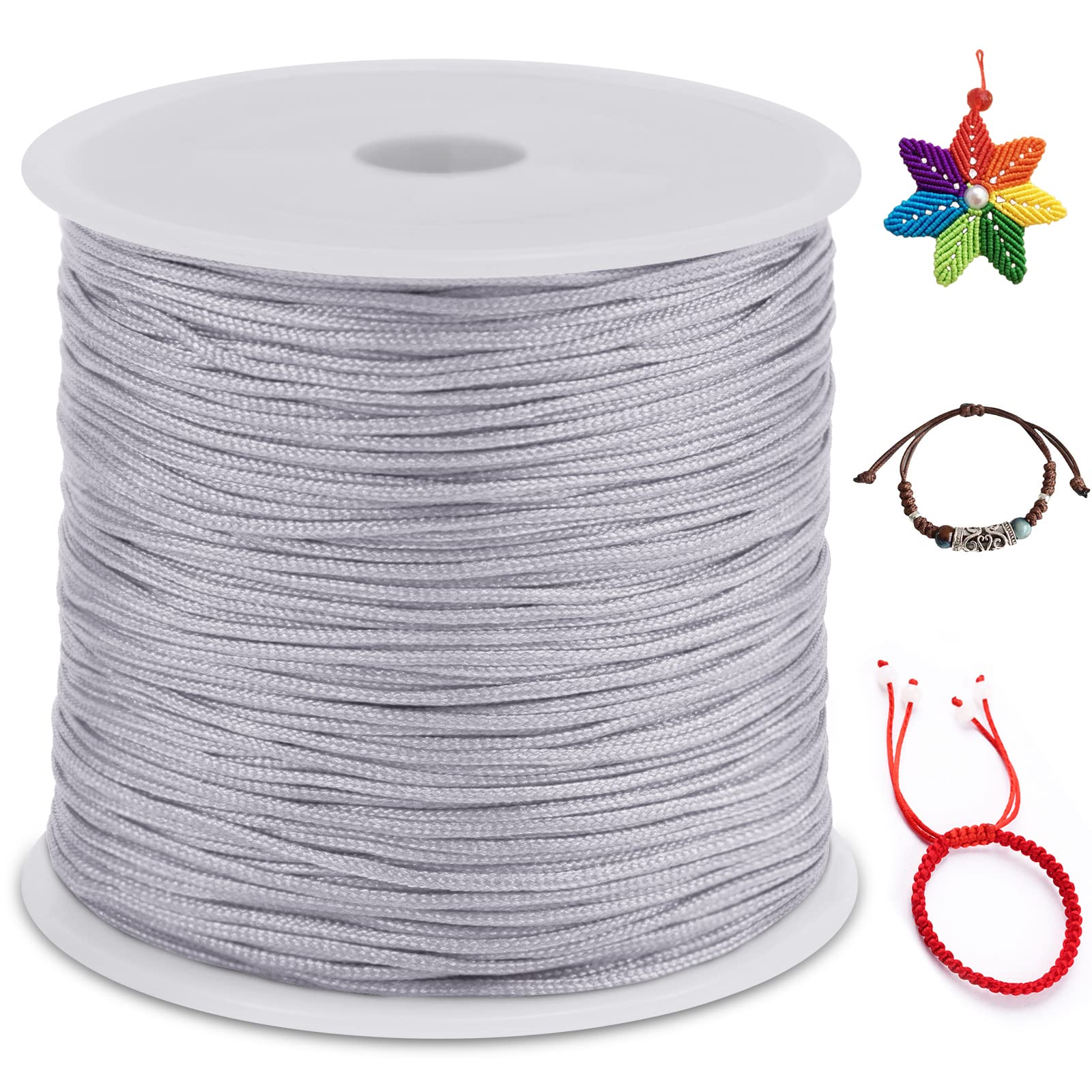 LEREATI Nylon Cord 0.8mm x 100m, Satin Cord Nylon String, Coloured Beading Thread for Making Bracelet, Necklace, Chinese Knot, Jewellery (Gray)