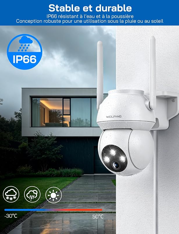 Caméra de sécurité extérieure 2K 3MP, caméra WiFi PTZ 360°, Vision Nocturne Couleur, détection AI, Alarme sonore et Lumineuse, IP65 résistant aux intempéries, Fonctionne avec Alexa et Google
