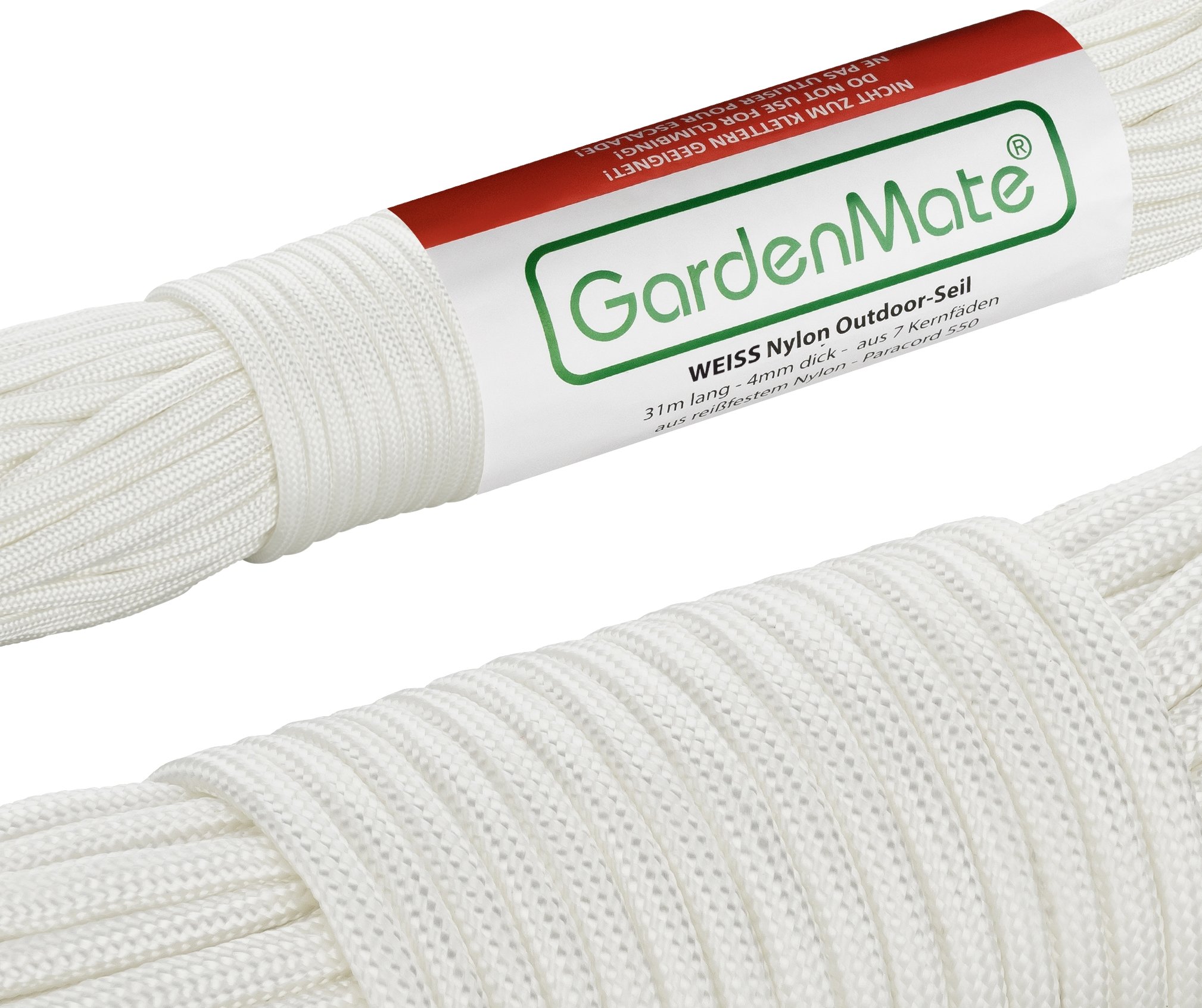 GardenMate Professional Nylon Outdoor Rope, Paracord 550, 31m Long, 4mm Thick, Tear-Resistant Kernmantle Rope with 7 Core Strands, White