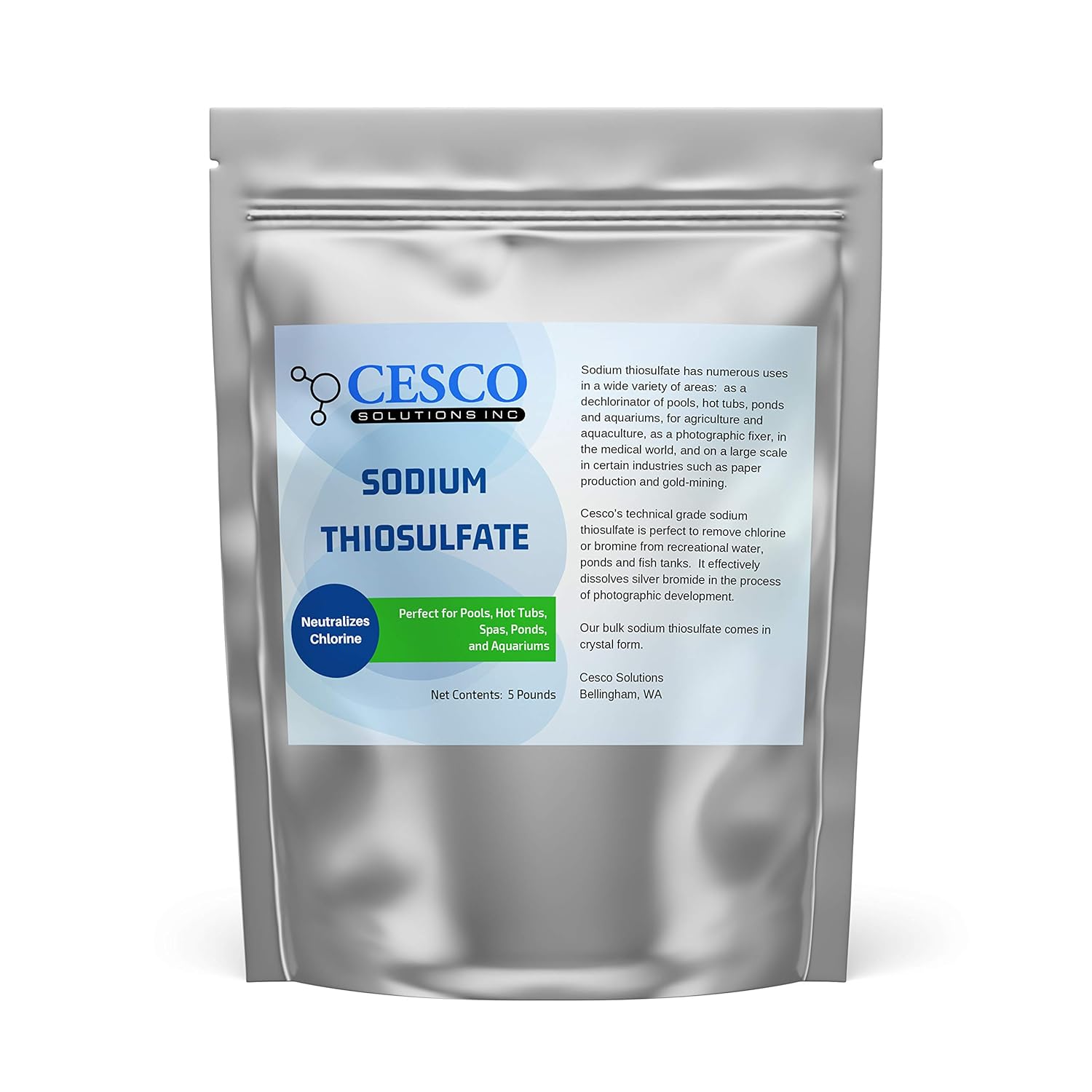 Pool Dechlorinator Sodium Thiosulfate Pentahydrate 5 lbs by Cesco Solutions - Premium Chlorine Neutralizer for Pools, Aquarium, Pond - Technical-Grade Chlorine Remover for Hot Tubs - Bulk Package