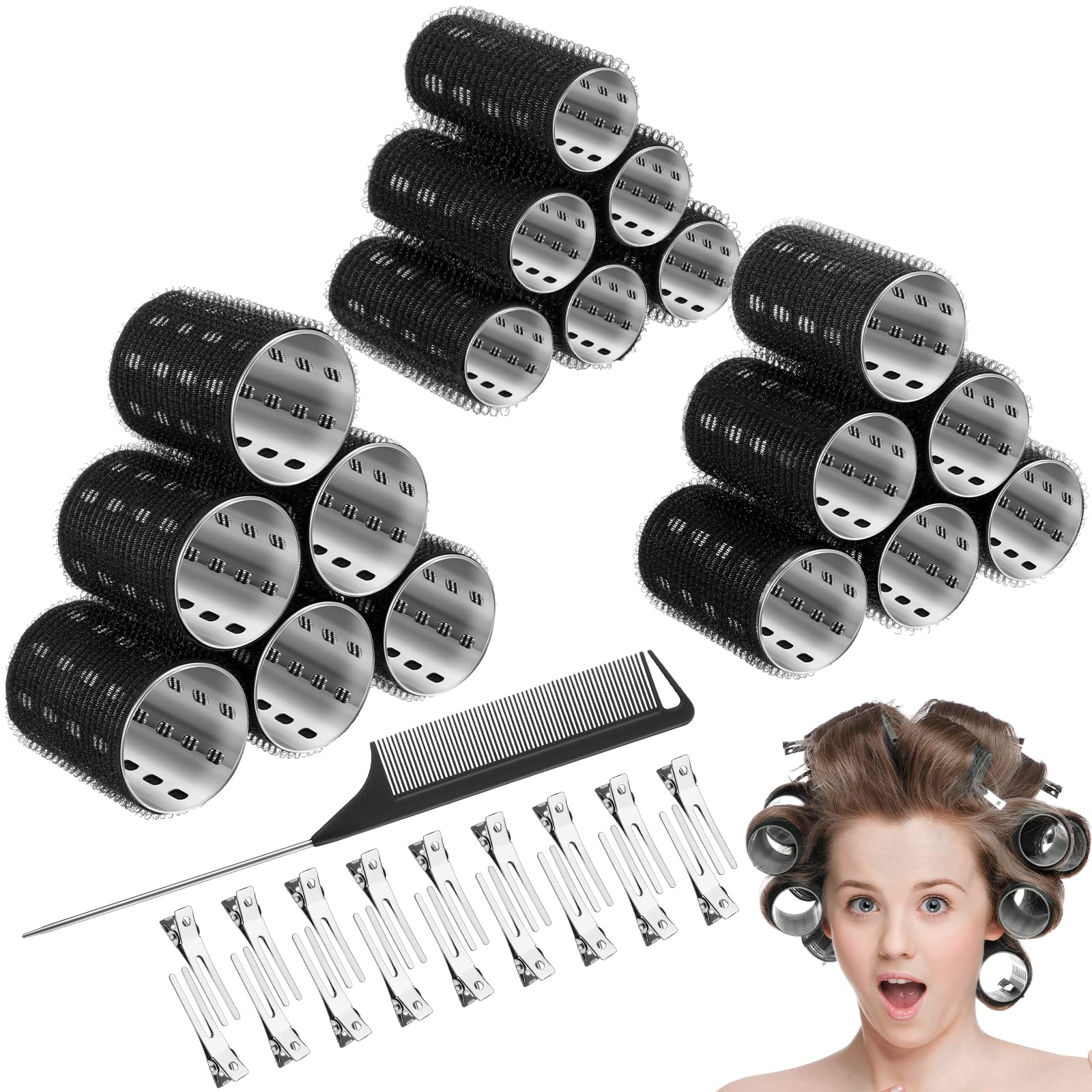 Photo 1 of 37 Pcs Aluminum Thermal Hair Rollers Set 3 Sizes Self Grip Hair Rollers 18 Pcs Duckbill Clips, Comb Hairdressing Styling Tool for Women, Men(1.1'', 1.57'', 1.97'',Black)