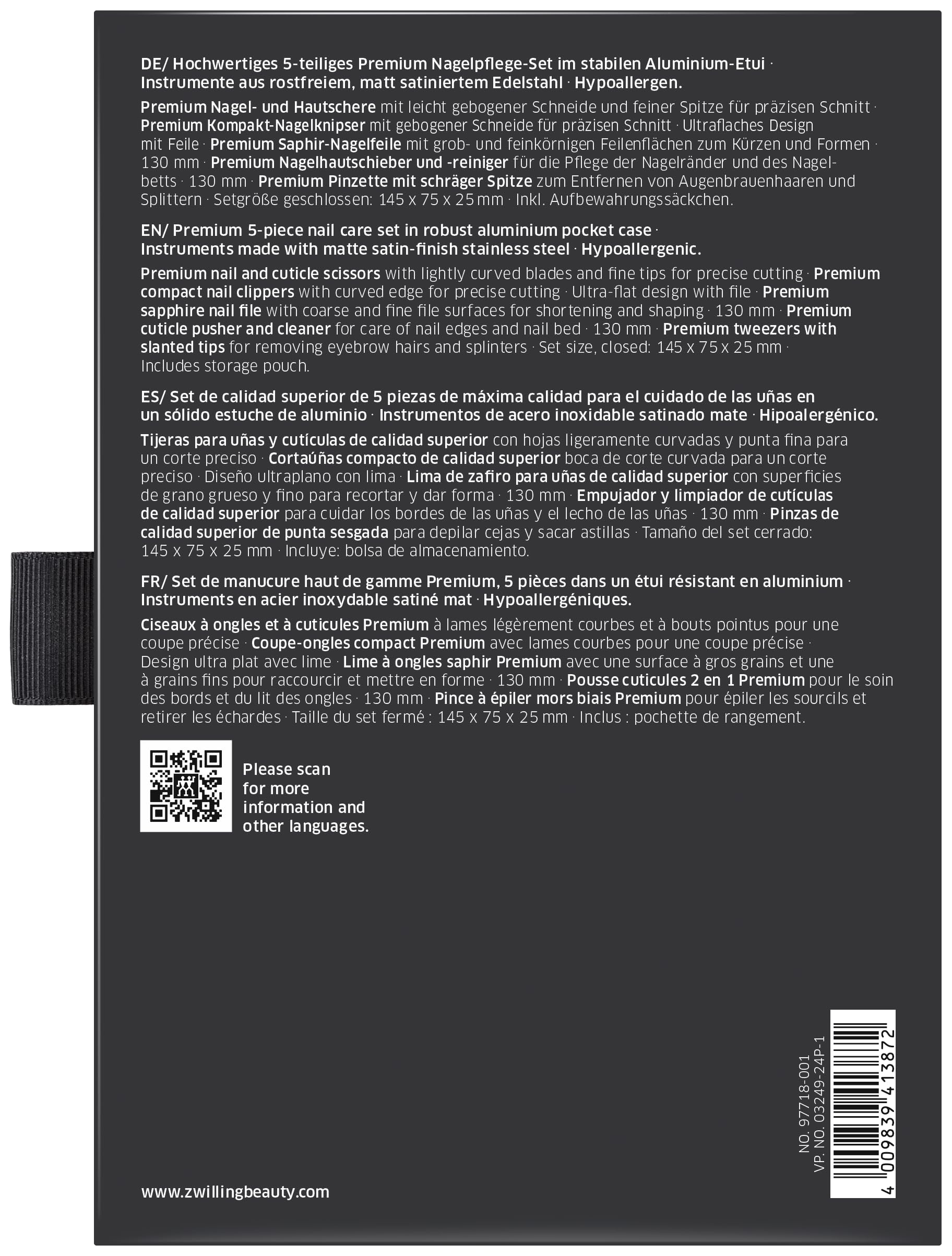 ZWILLING Beauty Premium 5-pc Manicure Set, Aluminum Case for Nail Care and Pedicure, Black Velvet Inlay with Compact Nail Clipper