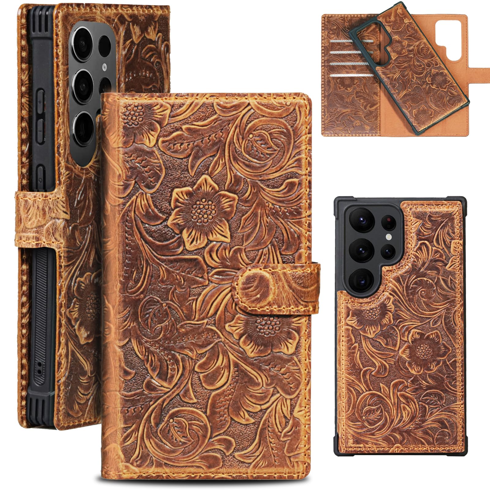Photo 1 of RMAWRAD Leather Case Wallet Compatible with Samsung Galaxy S25 Ultra,Genuine Leather2-in-1Magnetic Detachable Shockproof,Flip Folio Cover with Card Slot, RFID Blocking Dark Brown