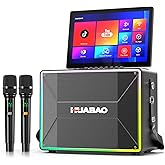 HUABAO Smart Karaoke Machine with 14” Tablet, Screen & Lyrics Display, Professional Karaoke Speaker, 2 Wireless Microphones, Bluetooth PA System, WiFi, HDMI, and LED Lights for Adults