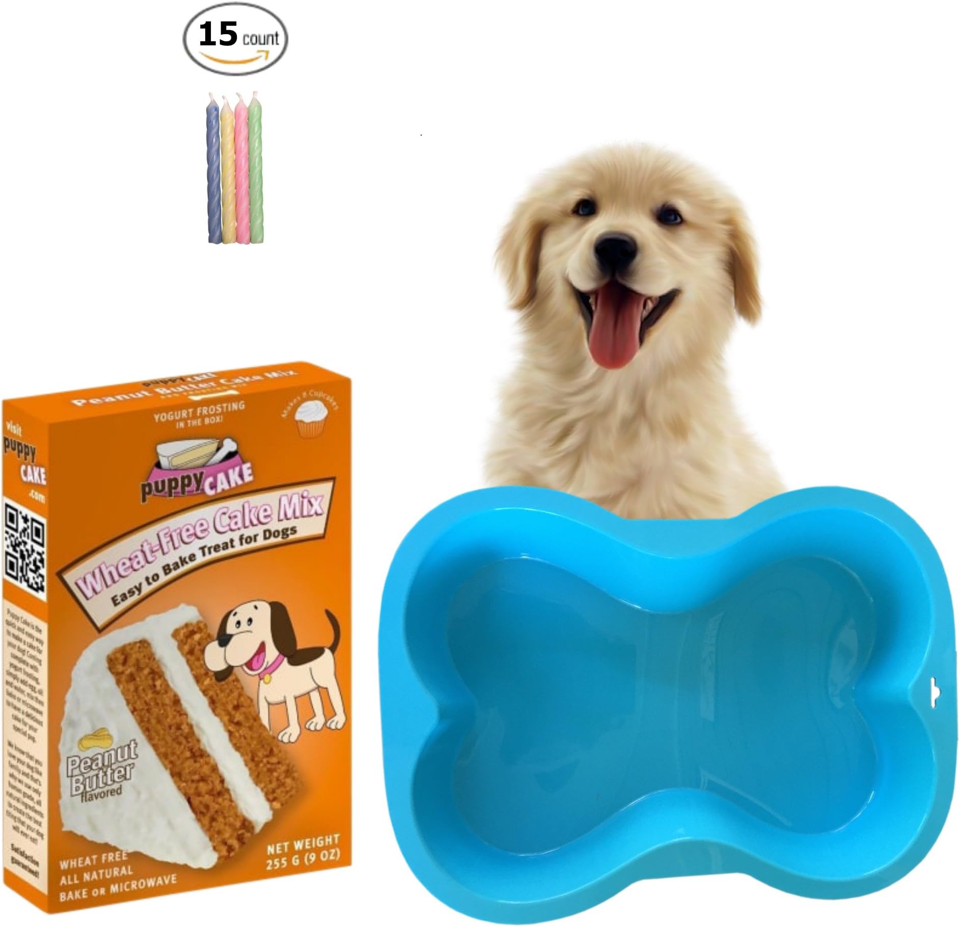 Ultimate Dog Birthday Cake Set - Blue Silicone Dog Bone Birthday Cake Pan (7 x 10 inches) - Puppy Cake Peanut Butter Wheat-Free Dog Cake Mix with Frosting - Includes Birthday Candles