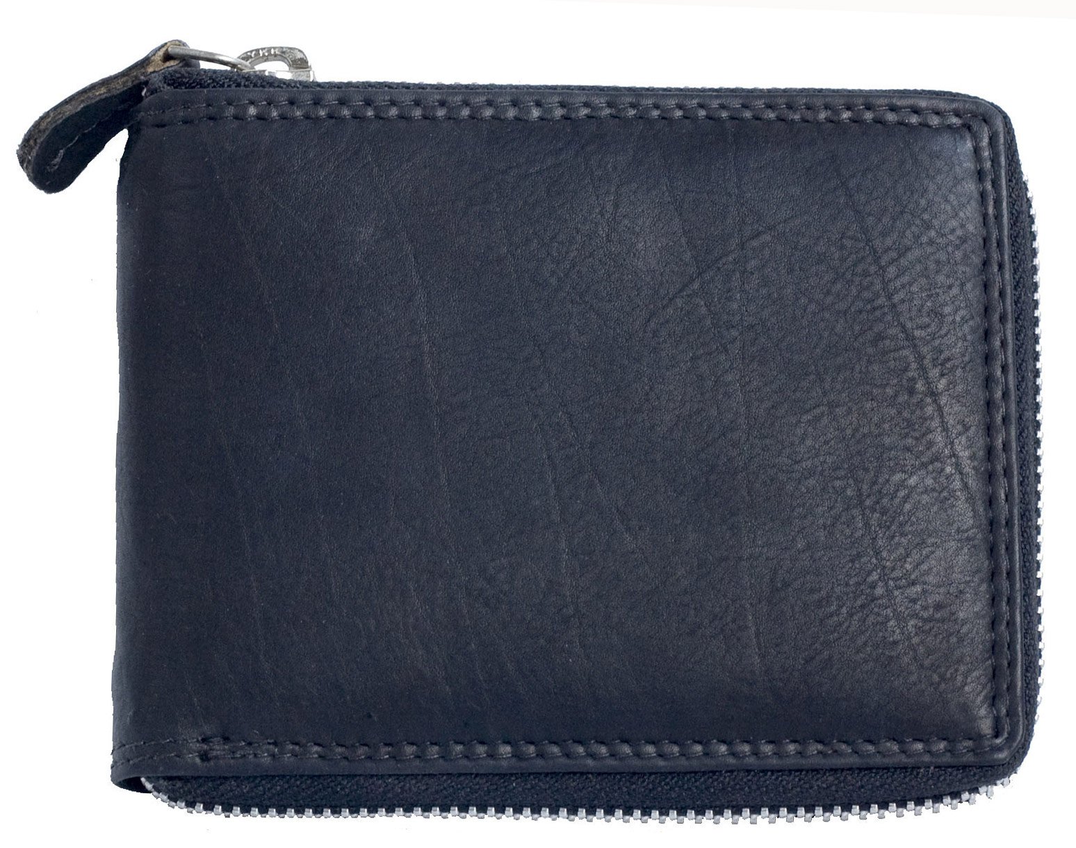 Zip-Around Black Genuine Leather Wallet with a Pocket for Coins Without Any Logos or Markings