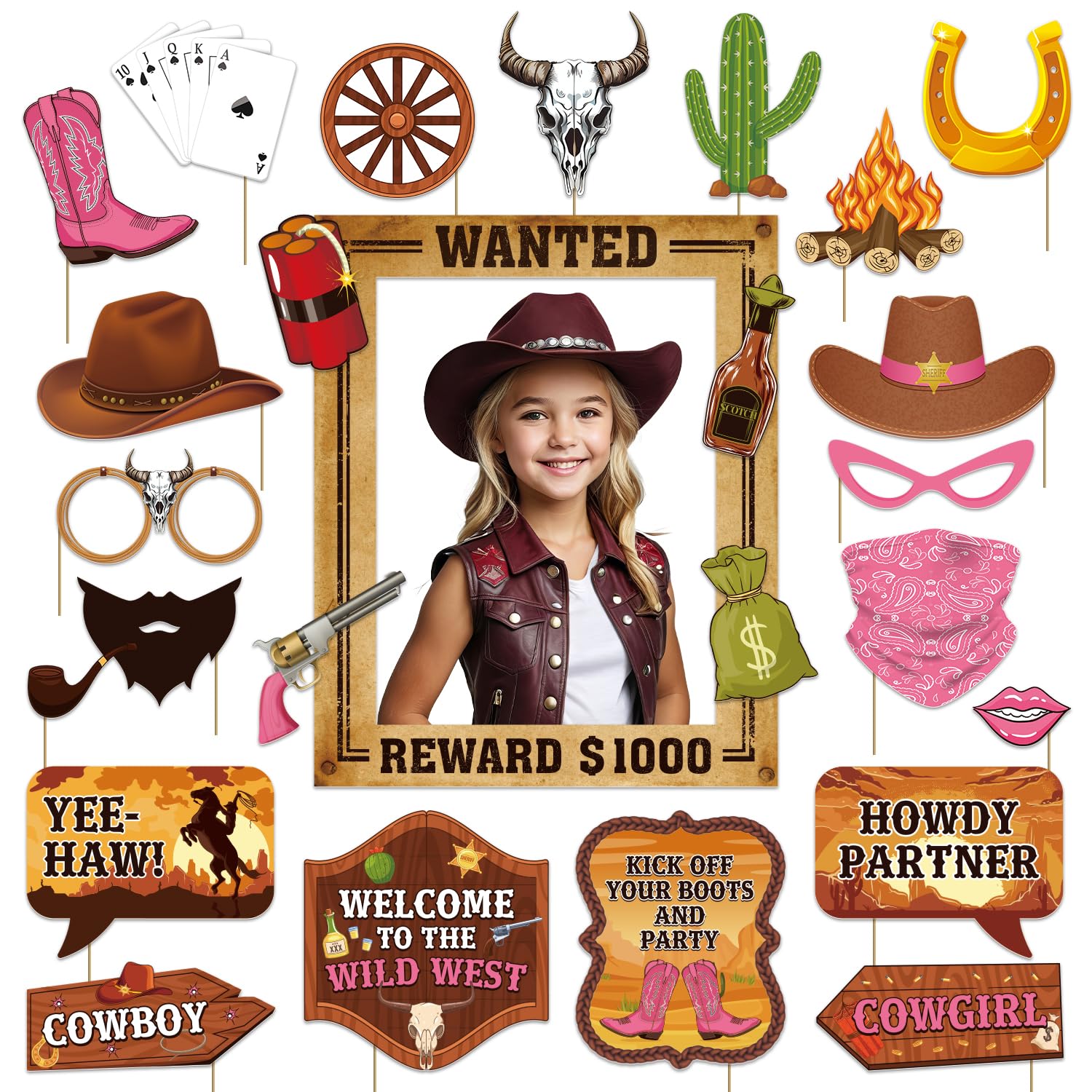 Photo 1 of Western Party Decorations, 28 Pcs Western Photo Booth Props with Wanted Poster Photo Booth Frame, Wild West Photobooth Props for Rodeo Themed Party Decor