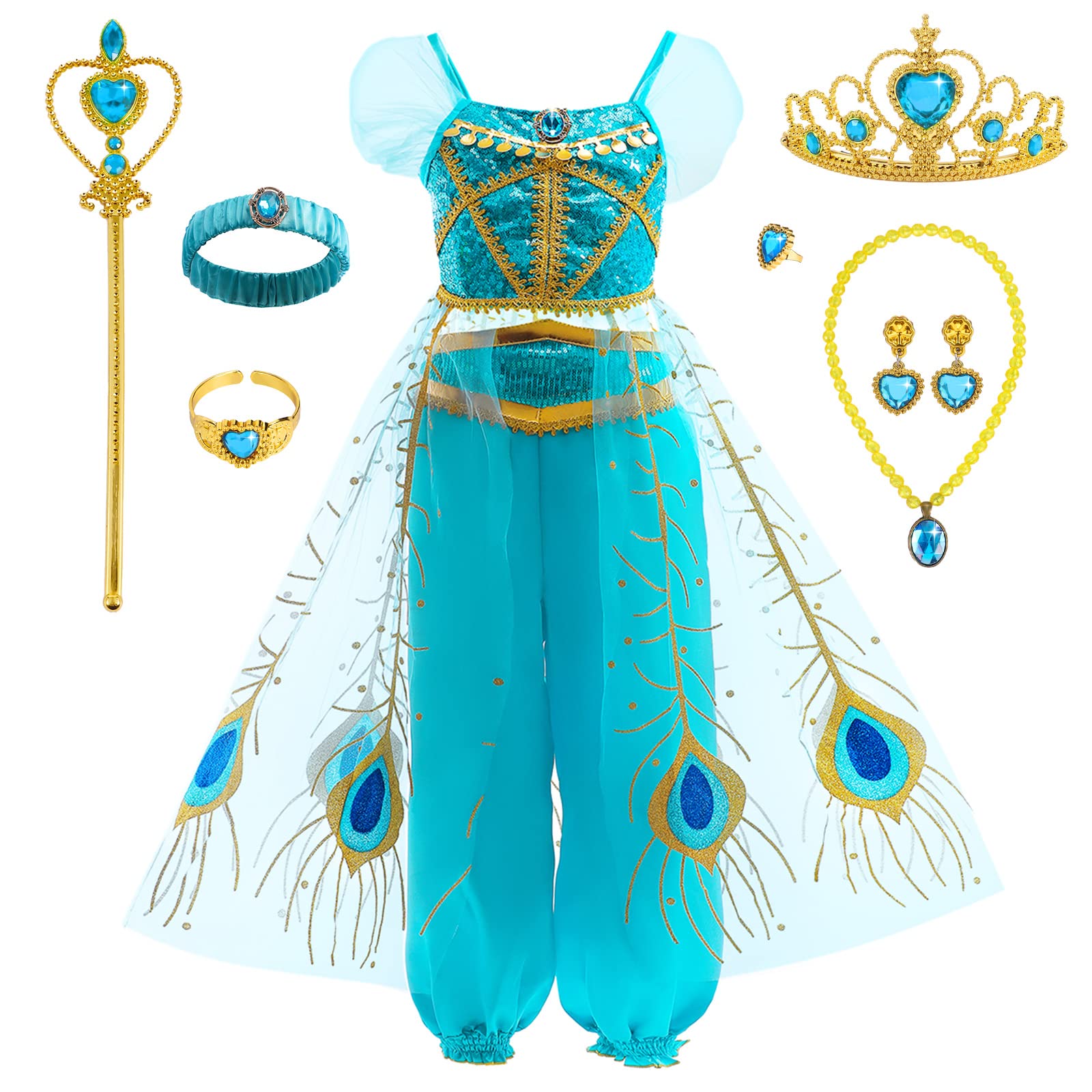 Photo 1 of Jasmine Costume Dress For Girls Kids Princess Dress Up Clothes Arabian Sequined Costume For Halloween Cosplay Dance Party Birthdays Role Play As Baby Toddler Outfits Gifts With Jasmine Accessories…