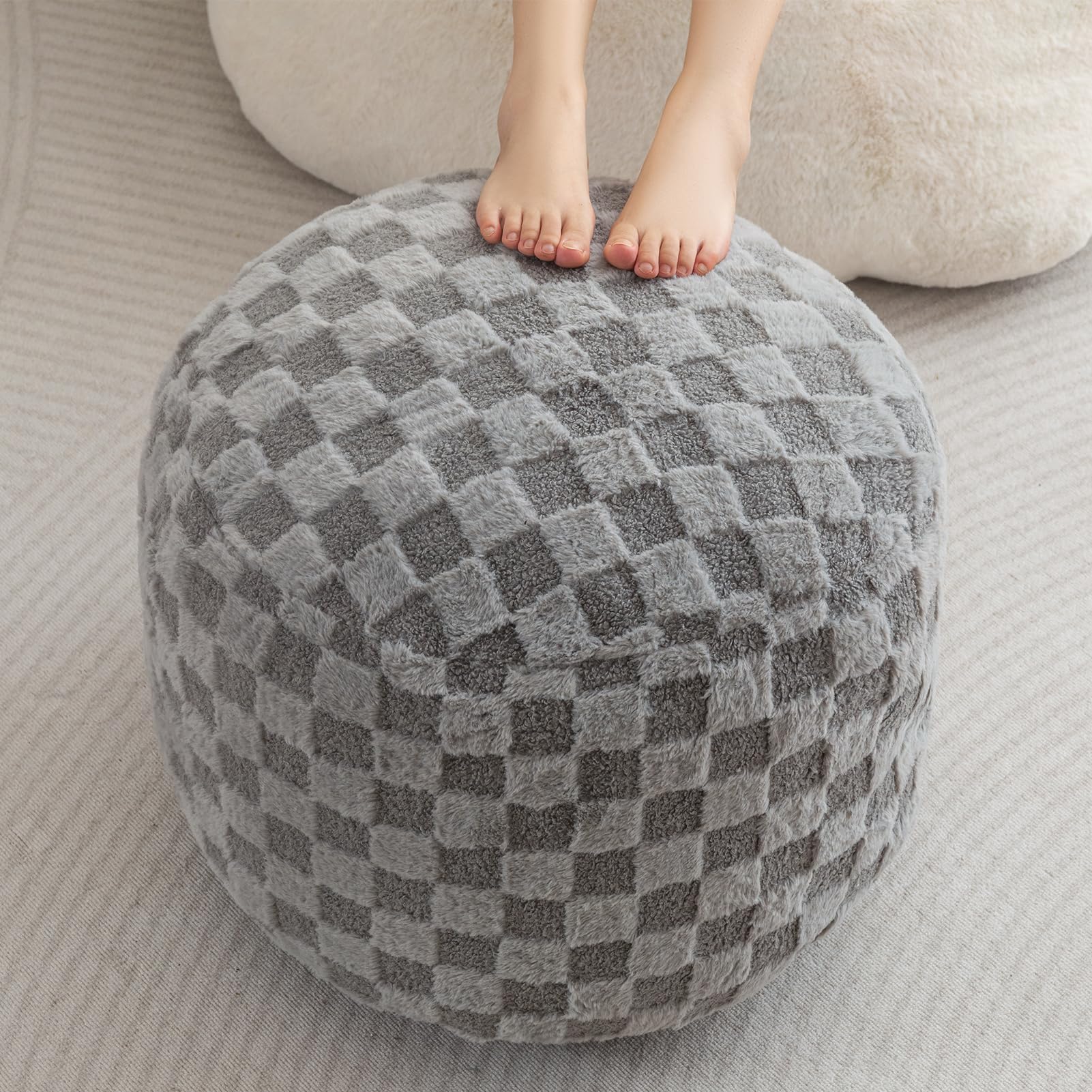 Photo 1 of HIGOGOGO Round Stuffed Pouf Ottoman, Plaid Poufs with Foam Chunk Filling, Fluffy and Furry Pouf Foot Stool Storage Ottoman, 20 X 15 Floor Poufs Foot Rest for Living Room, Grey