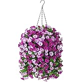 INXUGAO Artificial Flowers with Hanging Basket, Outdoor Faux Plants Silk Morning Glory Vines, Fake Green Arrangement for Garden Patio Spring Summer Decor(Darkorchid)