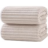 XIQ 39x79 Inches Bath Sheets Set Extra Large Bath Towels for Adults Luxury Super Soft Absorbent Striped with Hanging Loop Microfiber Shower Towels for Bathroom (Beige, 2PCS)