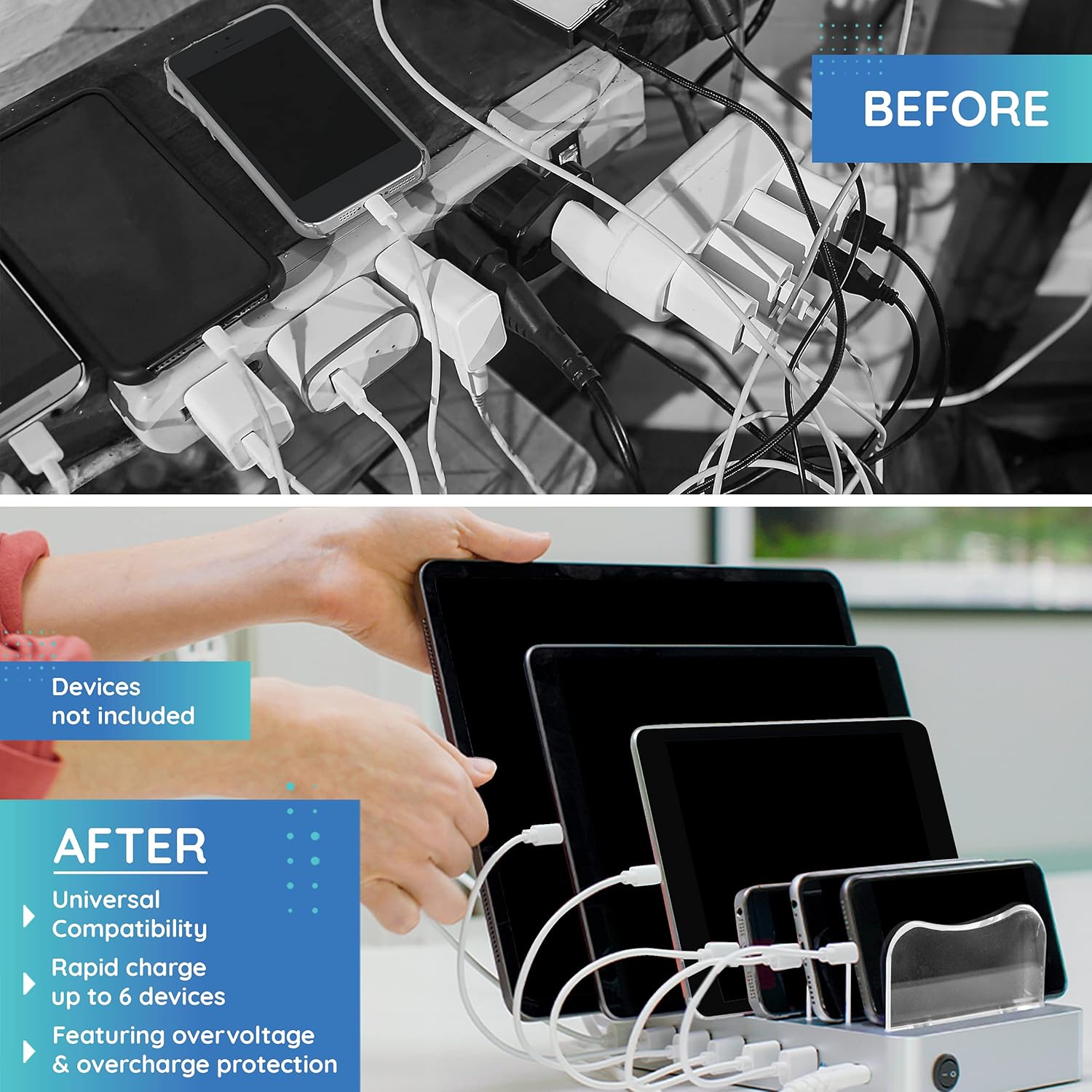 Hercules Tuff Charging Station for Multiple Devices, with 6 USB Ports, Compatible with Cell Phones, Smart Phones, Tablets, and Other Electronics