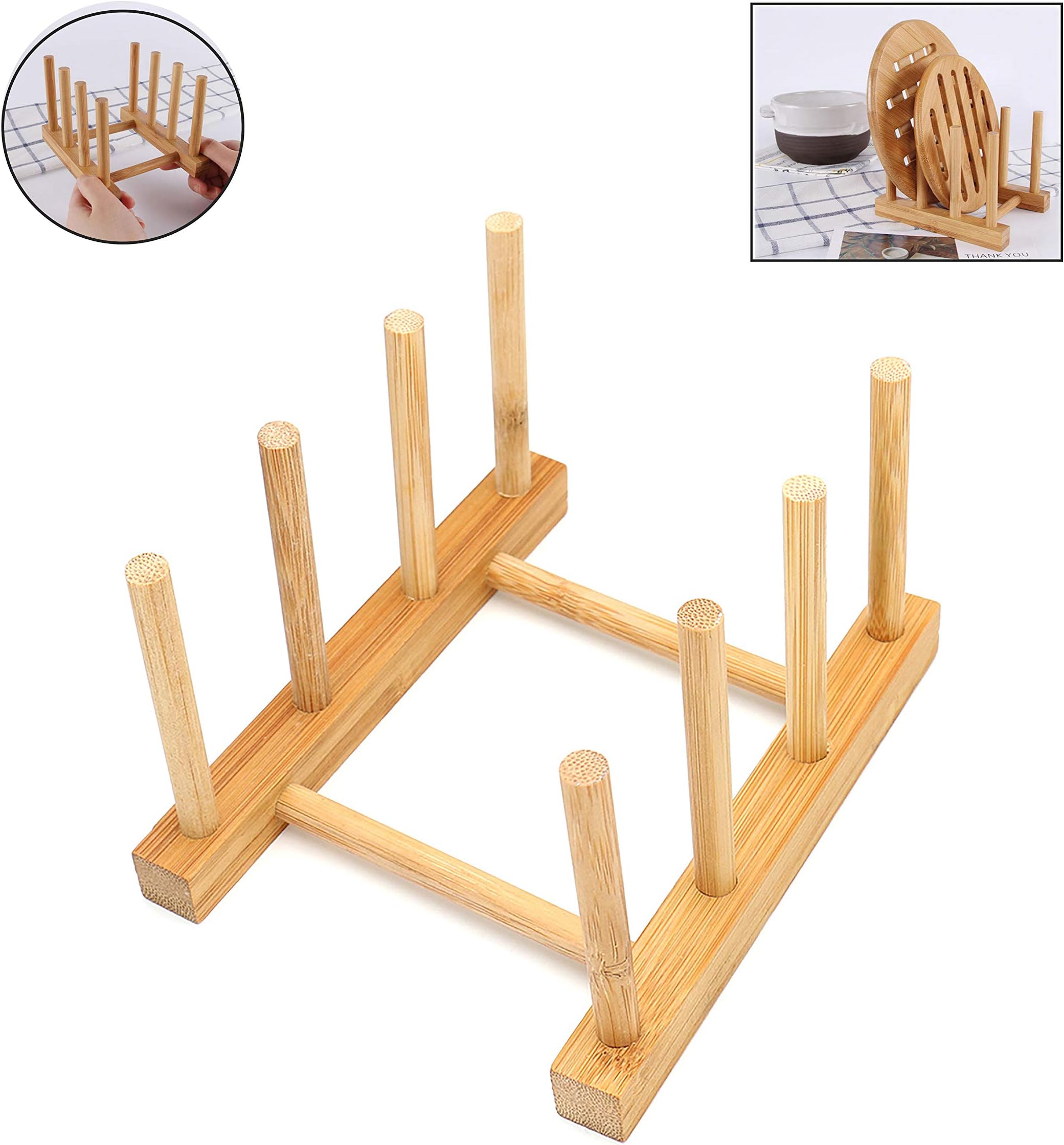 2Pcs Home Kitchen Natural Bamboo Slip Drain Dish Rack, Bamboo Wood Plates Rack/Pans/Cups Dish Rack