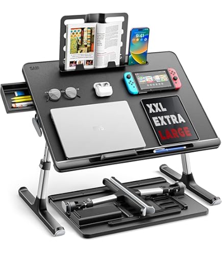 Woodgrain Foldable Laptop Desk Wide Area XX-Large 27.6X17.7In, 8 Heights& Angles Adjustable Bed Table, Study Tray Laptop Stand For Bed, Couch Sofa With 2 Stoppers