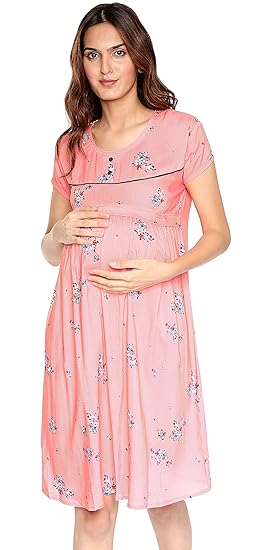 Women's Rayon Cotton Pink & Blue Maternity Night Dress Floral Print Feeding Short Nighty