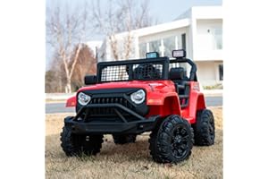RJV 12V 7AH Kids Ride-On Truck Jeep, Electric Car with Parent Remote Control, Spring Suspension, LED Lights, Bluetooth, Music, Bright Red