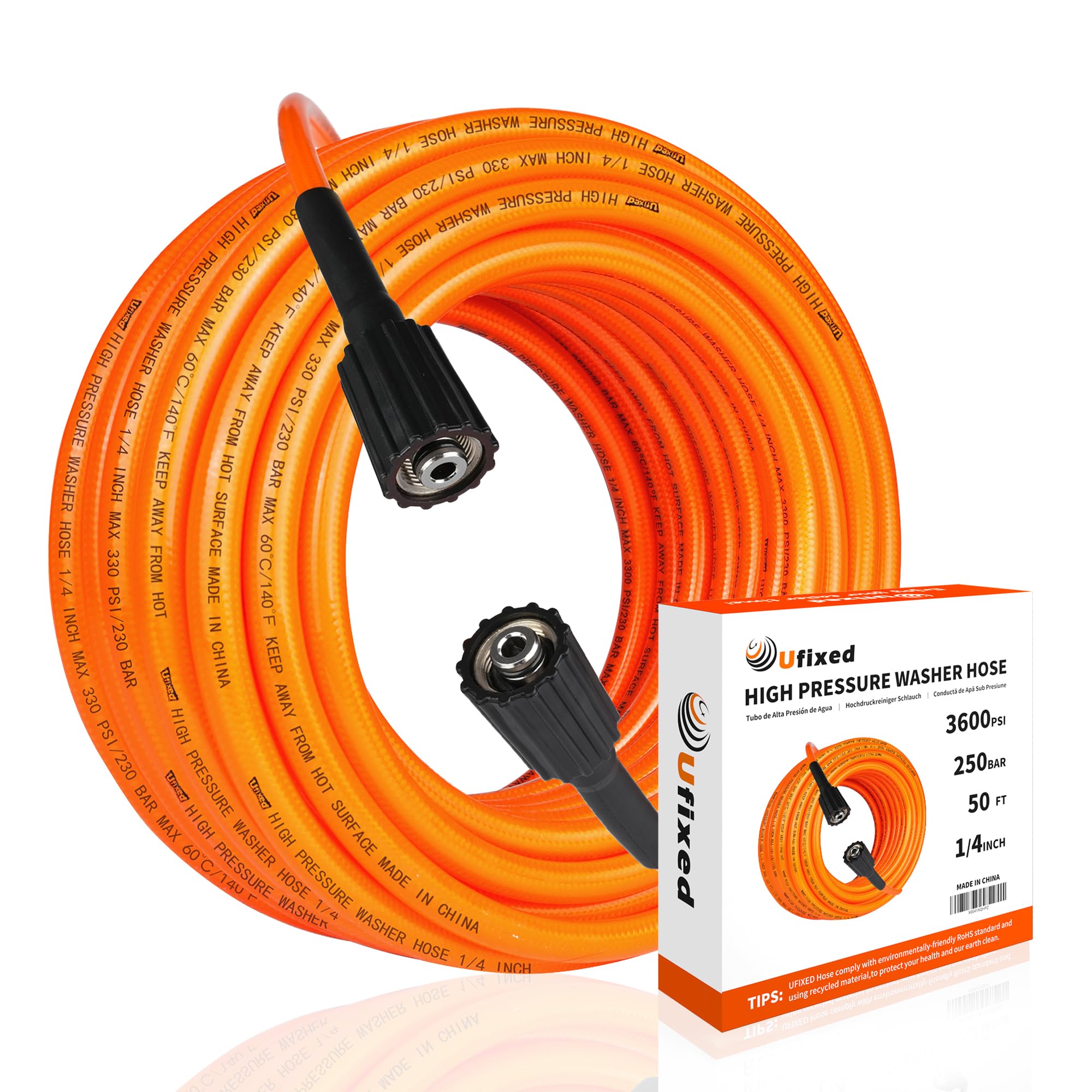 Ufixed Super Flexible 50 Feet Pressure Washer Hose Kink Resistant Orange 1/4'' M22 14MM Brass Swivel Connector, 3600 PSI Lightweight Hose for Pressure Washers