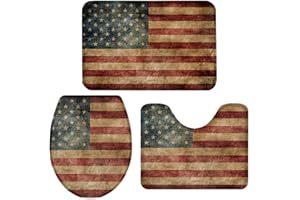 Queenker Independence Day 3 Pieces Bath Rug Set, Toilet Seat Cover Retro American Flag Printed Print Contour Rug, Pedestal Mat and Toilet Lid Cover，Non-Slip Bathroom Floor Mat Large