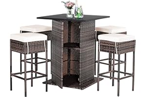Tangkula 5 Piece Outdoor Rattan Bar Set, Patio Bar Furniture with 4 Cushions Stools and Smooth Top Table with Hidden Storage Shelf, Outdoor Conversation Set for Poolside, Backyard, Lawn