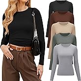 CE' CERDR 3/5 Pack Womens Long Sleeve Shirts Crew Neck Basic Tees Tight Fitted Casual Going Out Stretchy Slim Tops