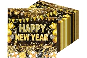 U-Vathing 60PCS Happy New Year Guest Paper Napkin 2026 Cocktail Disposable Paper Gold and Black Napkins for 2026 New Year Par