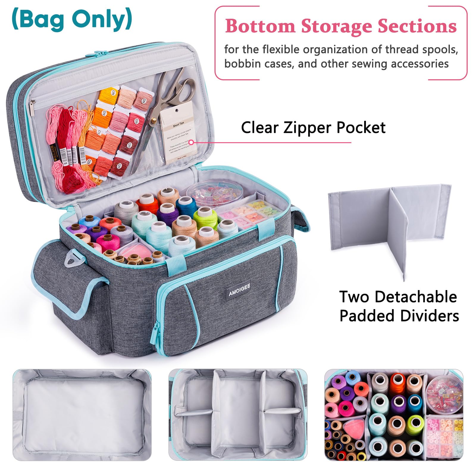 AMOIGEE Double-Layer Sewing Storage Bag with 2 Detachable Pouches – Large Sewing Organizer with Shoulder Strap, Elastic Loops & Dividers for Sewing Supplies, Tools & Accessories