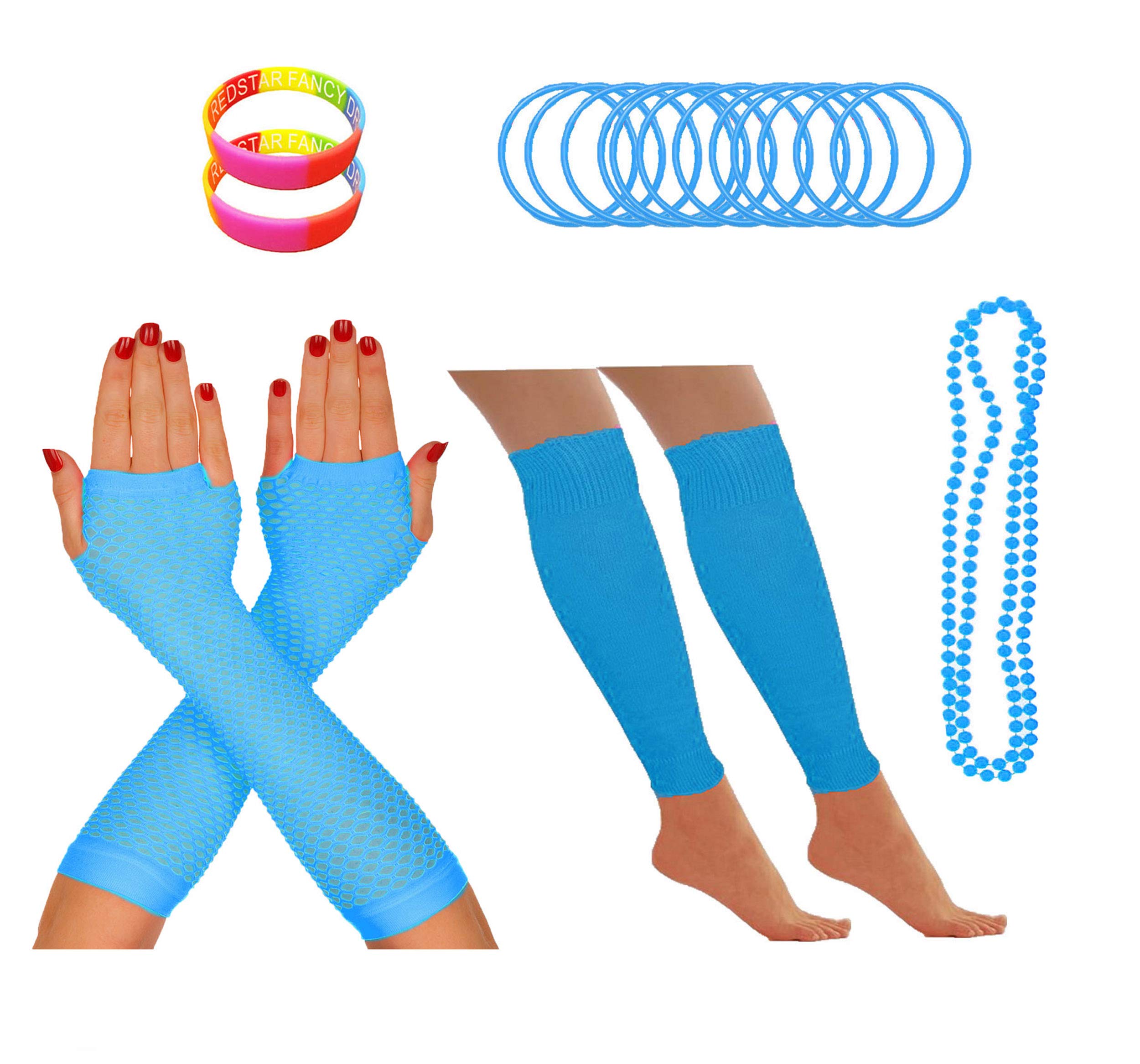 REDSTAR FANCY DRESS® Neon 1980s Party Outfit - Leg Warmers Fishnet Gloves Necklace Beads Gummies Neon Wristband (Turquoise)