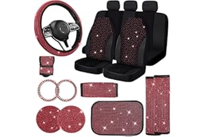 Jusen 17 Pack Bling Car Seat Covers Set Car Diamond Accessories Rhinestone Crystal Steering Wheel Cover, Bling Velvet Breathable Glitter Center Console Pad Universal Car Interio (Full Set/Red)