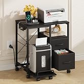 YAOHUOO Printer Stand with Power Outlet/Drawers, Printer and Shredder Stand | 22.8"x15"Top,Printer Desk with Storage Shelf,Rolling Table Cart with Lockable Wheels&amp;Feet,Home Office,Black