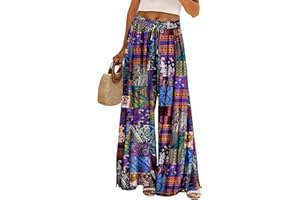 YESNO Women Summer Boho Palazzo Pants High Waist Wide Leg Floral Casual Cotton Lounge Trousers with Pockets PP0