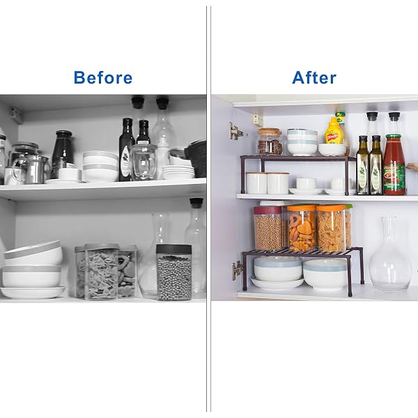 STORAGE MANIAC SET OF 4 EXPANDABLE KITCHEN RACK WIRE SHELF ORGANIZER ADJUSTABLE METAL PANTRY STORAGE FOR PLATE DISH CABINETS COUNTER, BROWN