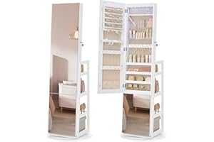 SONGMICS Jewelry Cabinet with Full-Length Mirror, 360° Rotating Standing Jewelry Armoire Organizer, Built-in LED Lights, 4 St