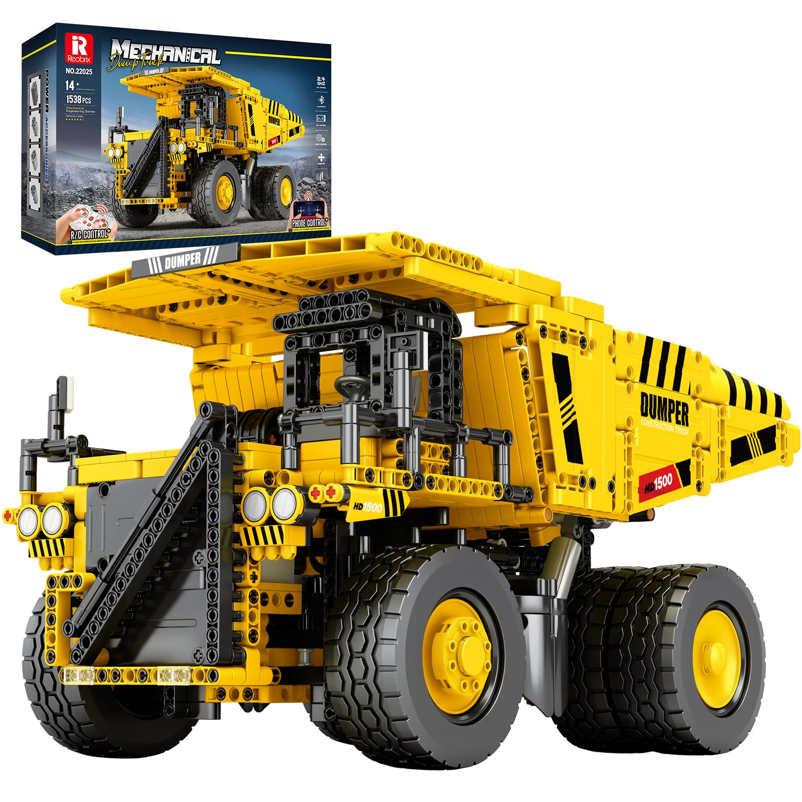 Reobrix RC Dump Truck Building Block Toy, APP/Remote Control Engineering Dumper Heavy Duty Vehicle with Motorset, 22025 Technical Mining Car Construction Brick Gift for Adult Child 14+ (1538Pcs) — image 1