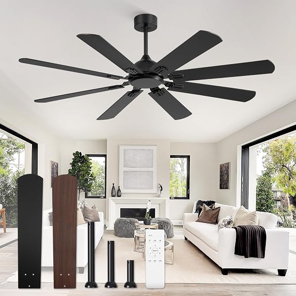 FANBULOUS 62 INCH CEILING FANS NO LIGHT WITH REMOTE, MODERN CEILING FAN WITHOUT LIGHT, DUAL FINISH 8 BLADES, REVERSIBLE QUIET DC MOTOR, 6 SPEED, LARGE CEILING FAN FOR INDOOR OR COVERED OUTDOOR, BLACK
