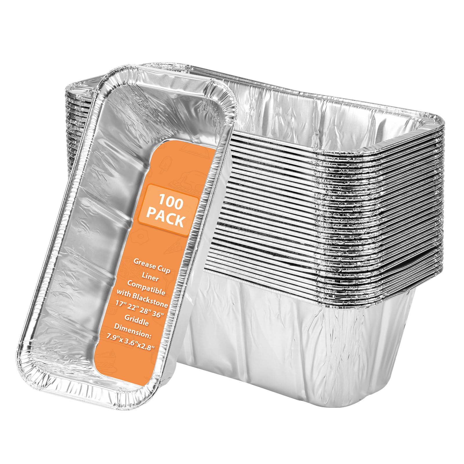 Photo 1 of EWFEN 100 Pack Blackstone Griddle Accessories Grease Catcher Cup Liners, Aluminum Foil Drip Pan Disposable for 17" 22" 28" 36" Blackstone Griddle Drip Tray Holder Grill Rear Grease Cup Liners