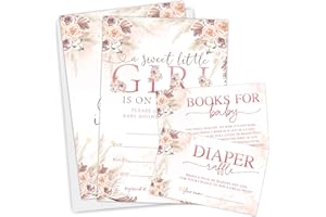 AKTFV Baby Shower Invitation Set - A Sweet Little Girl Is On Her Way - Floral Double-Sided Fill In Style Invites With Diaper Raffle & Book Request Cards - Baby Gender Reveal, Announcement Party Decors - A07