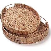 Round Serving Tray for Coffee Table Water Hyacinth Decorative Ottoman Tray with Handle Set of 2 (11.8inch + 13.4inch)