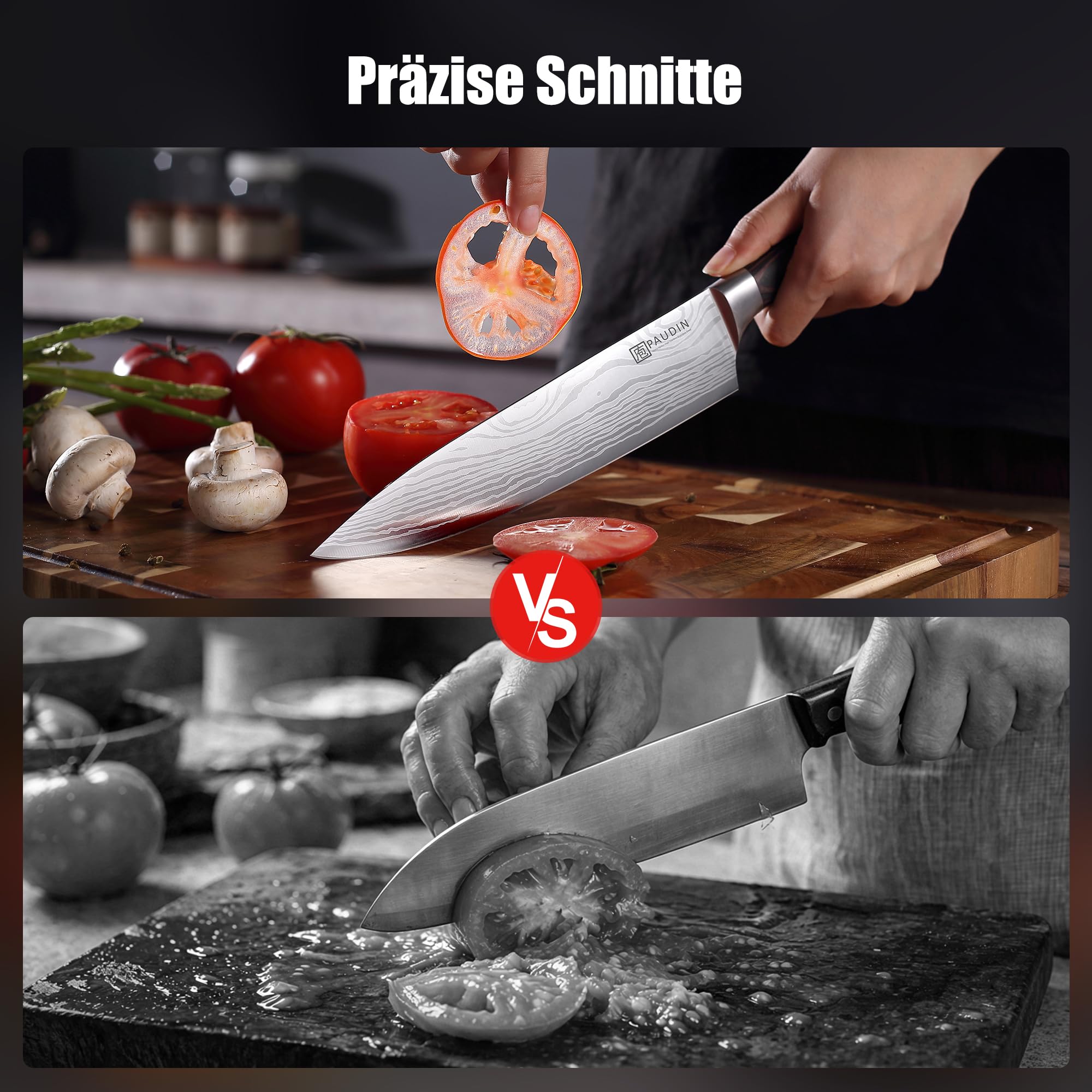 PAUDIN Kochmesser, Klingenlänge 20 cm Profi Küchenmesser Messer Chefmesser Allzweckmesser aus hochwertigem Carbon Edelstahl, Extra Scharfe Messerklinge mit ergonomischem Griff 3