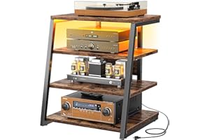 Armocity 4-Tier AV Media Stand with Power Strips, Stereo Stand with LED Lights, Audio Tower Rack with Adjustable Shelves, Small Entertainment Center, 30'', Rustic Brown